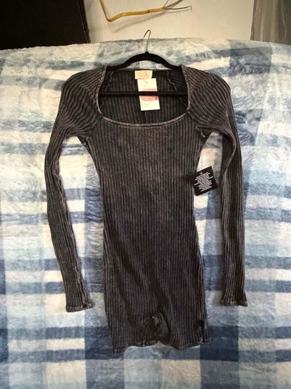 La Luxe Mineral Wash Ribbed Long Sleeve Square Neck Romper